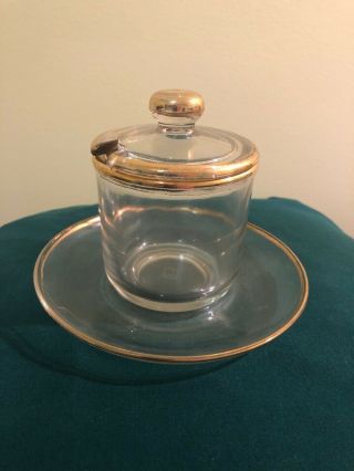 Vintage Jeanette Gold Trimmed Glass Condiment Jar With Plate