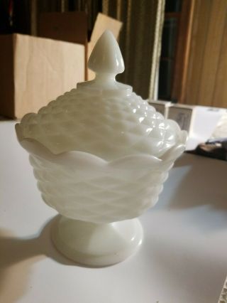 Vintage Westmoreland White Milk Glass Diamond Point Pattern Candy Dish With Lid