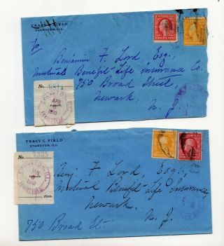 2 Us Registered Stamp Covers 1910 Illinois To Jersey 10c Id 525