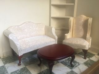 Dollhouse Miniature 1:12 Queen Anne Living Room Sofa Wingback Chair Coffee Table