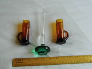 Vintage Single Stem Bud Vase With Green Bubble Base,  2 Amber Glass Etched Buds