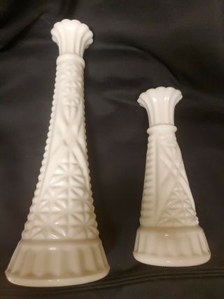 Vintage White Milk Glass Stars And Bars Vases Set Of Two