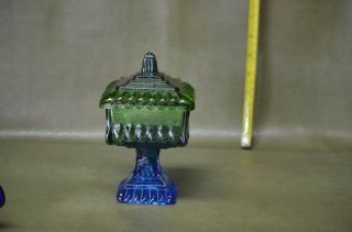 Vintage Jeannette Blue And Green Carnival Glass Covered Pedestal Candy Dish