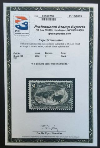 US Stamp 292 $1 Black with PSE Cert.  SCV $700.  Trans - Mississippi 3