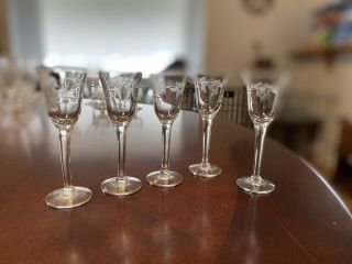 Vintage Etched Crystal Cordial Glasses,  Set Of 5