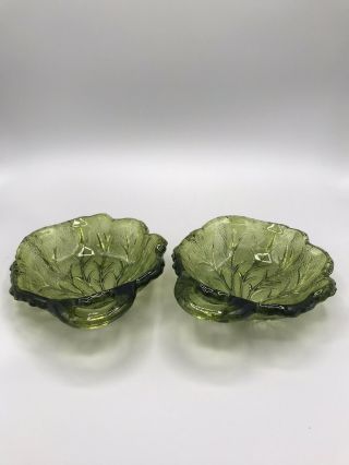 2 Vintage Mid Century Avocado Green Indiana Glass Pebble Leaf Twiggy Nappy Dish