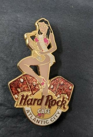 Hard Rock Cafe Pin Atlantic City 2003 Sexy Girl Saxophone Glitter Dice Le500