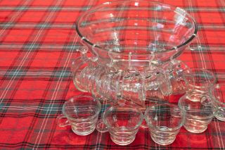 Large Clear Glass Punch Bowl With 12 Cups and Holders.  All in. 2