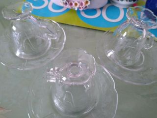 Set Of Three (3) Clear Glass,  Cups And Saucers,  Design