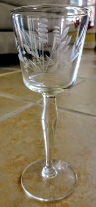 Vintage Rock Sharpe Crystal 6 " Wine Glass Taper Stem Gray Cattail Plant Etch Exc