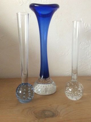 3 Bubble Based Flower Bud Vase’s Blue Clear Paperweight Base