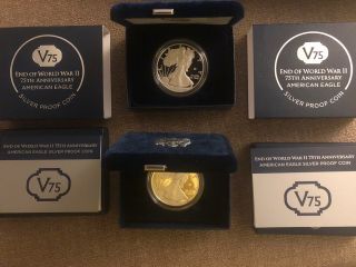 Set Of Two (2) End Of World War Ii 75th Anni American Eagle Silver Proof Coins