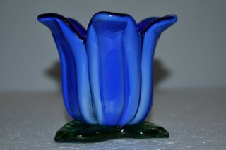Art Glass Flower Candle Holder/bud Vase - Hand Blown; Blue,  Green