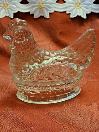 Vintage Jeanette Clear Crystal Glass Hen On Nest Candy Container Dish