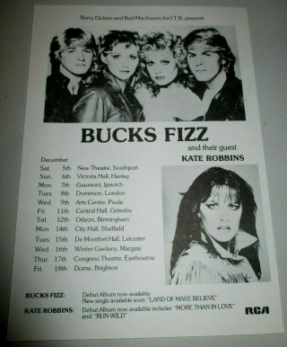 Bucks Fizz 1980s Uk Concert Tour Programme Paper Flyer & Kate Robbins Support