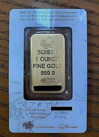 1 Oz.  9999 Fine Gold Bar Pamp Suisse Design (in Assay)
