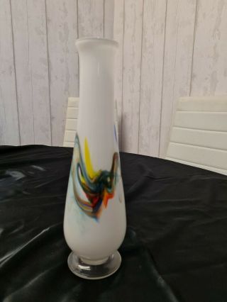 Vintage Mid Century Art Glass Vase White With Multicoloured Swirl Pattern