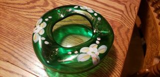 Vintage Bohemian Green Art Glass Hand Blown Ashtray - Hand Painted Flowers