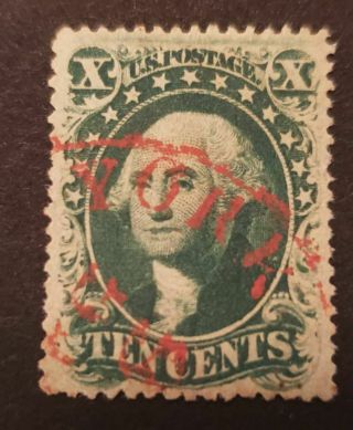 Us Stamp 34 – 1857 - 61 10c Washington,  Green,  Type Iv With Red Cancel
