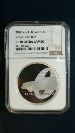 2020 Great Britain Ngc Pf70 Ucam 5 Pound James Bond 007.  999 Silver 2 Ounce Coin