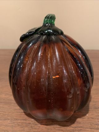 Vintage Hand Crafted 2 Lb.  Ribbed Art Glass Pumpkin Squash Stem 5.  25” Tall Amber