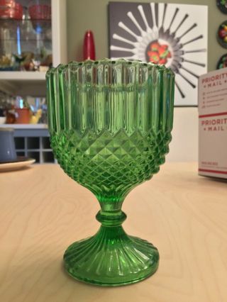 Vintage Emerald Green Goblet Sawtooth Diamond Point Ribbed Footed Pressed Glass