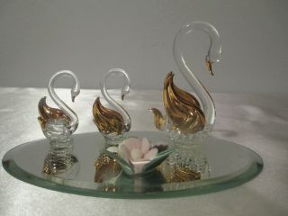 Vintage 3 Spun Glass Swans And A Ceramic Flower On A Mirror Base 5 " Long