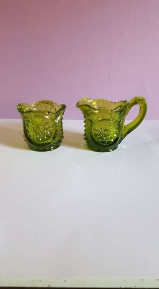 Vintage Smith Hand Crafted Green Glass Miniature Sugar Bowl & Creamer;usa