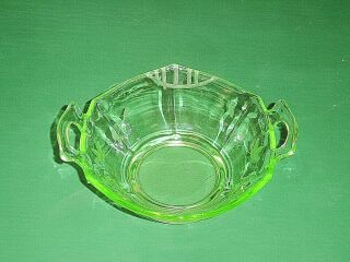 Green Uranium Depression Glass Hexagon Etched Open Handled Bowl Lancaster ?