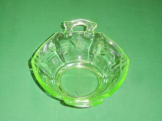 Green Uranium Depression Glass Hexagon Etched Open Handled Bowl Lancaster ? 2