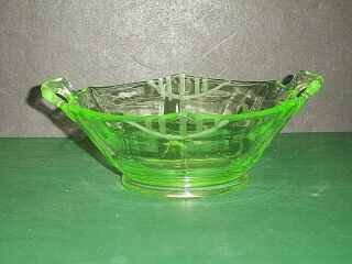 Green Uranium Depression Glass Hexagon Etched Open Handled Bowl Lancaster ? 3