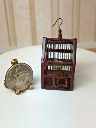 Dollhouse Miniature Bespaq 4295b Mahogany House Shape Bird Cage W/birds 1:12