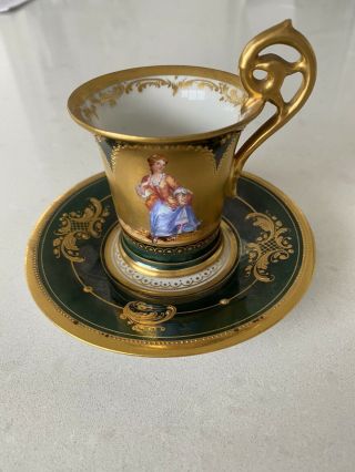 Dresden Antique Portrait Heavy Gold Gilded Espresso Demitasse TeaCup Saucer Set 2