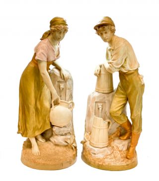 Large Pair Royal Dux Czechoslovakia Figural Sculptures - Man & Woman Water Well