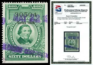 Scott Rd306 1949 $60.  00 Dated Green Stock Transfer Revenue Vf With Pse Cert
