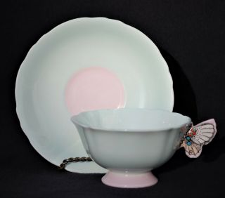 Paragon Butterfly Handle Cup And Saucer Soft Blue/pink Double Warrant