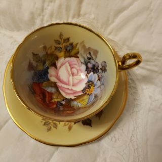 Aynsley Cabbage Rose Teacup/saucer J.  A.  Bailey On Pale Yellow Background - Gold