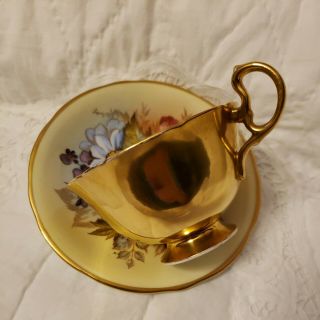 AYNSLEY CABBAGE ROSE TEACUP/SAUCER J.  A.  BAILEY on PALE YELLOW BACKGROUND - GOLD 2
