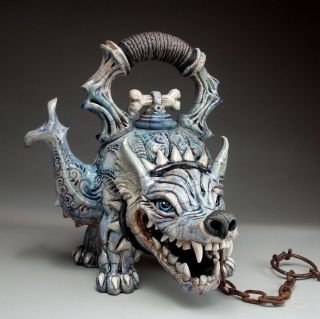 Mad Dog Teapot Pottery Folk Art Sculpture By Face Jug Maker Mitchell Grafton