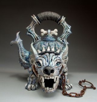 Mad Dog Teapot pottery folk art sculpture by face jug maker Mitchell Grafton 2