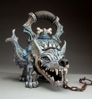 Mad Dog Teapot pottery folk art sculpture by face jug maker Mitchell Grafton 3