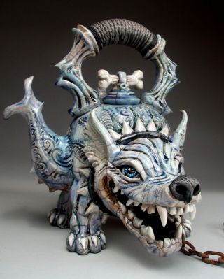 Mad Dog Teapot pottery folk art sculpture by face jug maker Mitchell Grafton 4