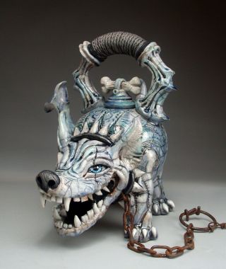Mad Dog Teapot pottery folk art sculpture by face jug maker Mitchell Grafton 5