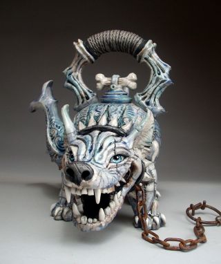 Mad Dog Teapot pottery folk art sculpture by face jug maker Mitchell Grafton 6