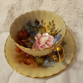 AYNSLEY CABBAGE ROSE TEACUP/SAUCER J.  A.  BAILEY on PALE YELLOW BACKGROUND 2