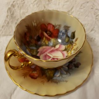 AYNSLEY CABBAGE ROSE TEACUP/SAUCER J.  A.  BAILEY on PALE YELLOW BACKGROUND 3