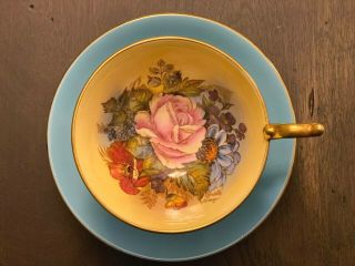 Aynsley Pink Cabbage Rose With Gold Gilding On Blue Cup & Saucer 1970s