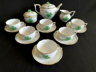 Herend Porcelain Handpainted Chinese Bouquet Green Tea Set For 6 Person