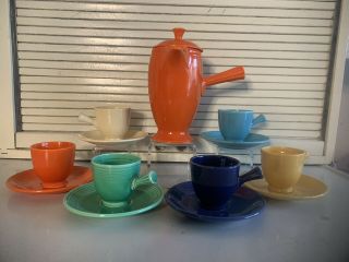 Fiesta Vintage Demitasse Stick Handled Coffee Pot W/cups And Saucers