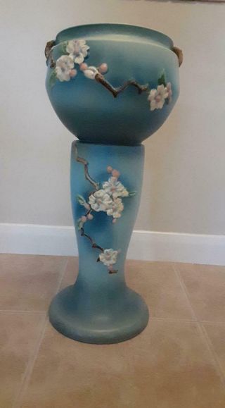 Roseville Pottery Apple Blossom Blue Jardiniere And Pedestal 306 - 10